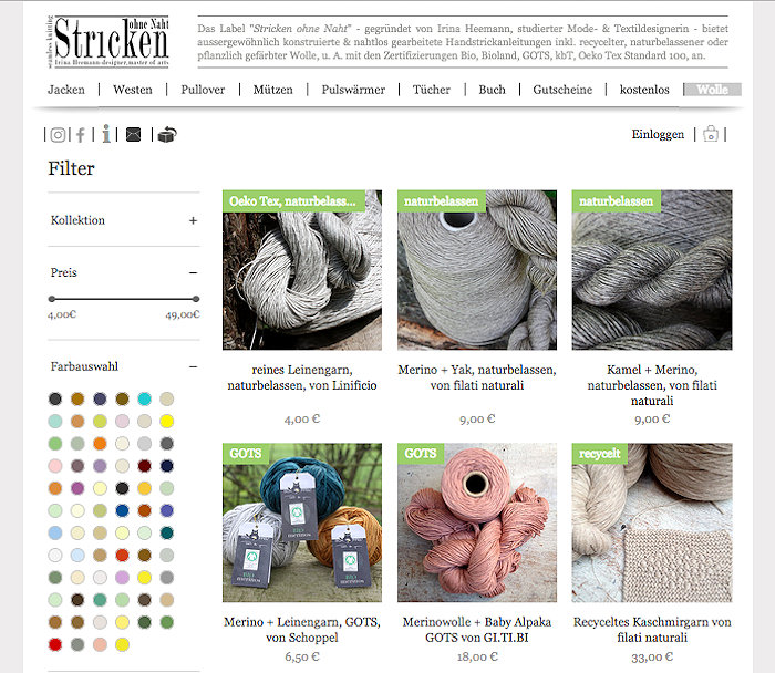 Screenshot Irinas Wollonlineshops für naturbelassene Wolle