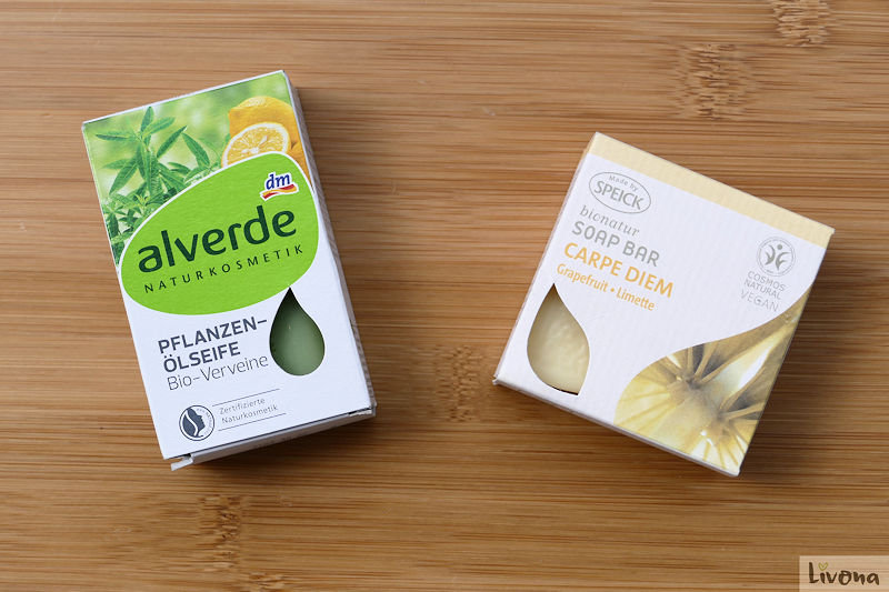 zwei Naturseifen von alverde und Speick in Schachteln