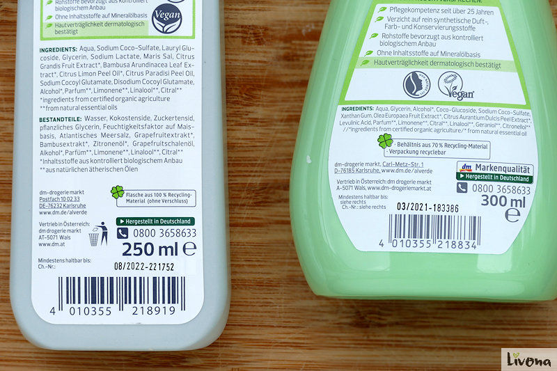 Verpackungen mit Angaben zu Inhaltsstoffen von Duchgel und Flüssigseife