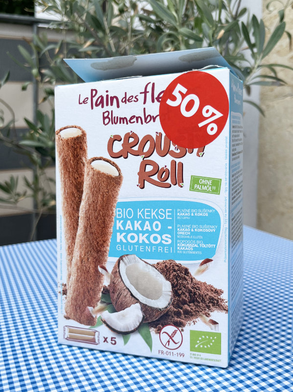 eine Packung Blumenbrot Bio-Kekse Kakao-Kokos glutenfrei mit Button 50 %